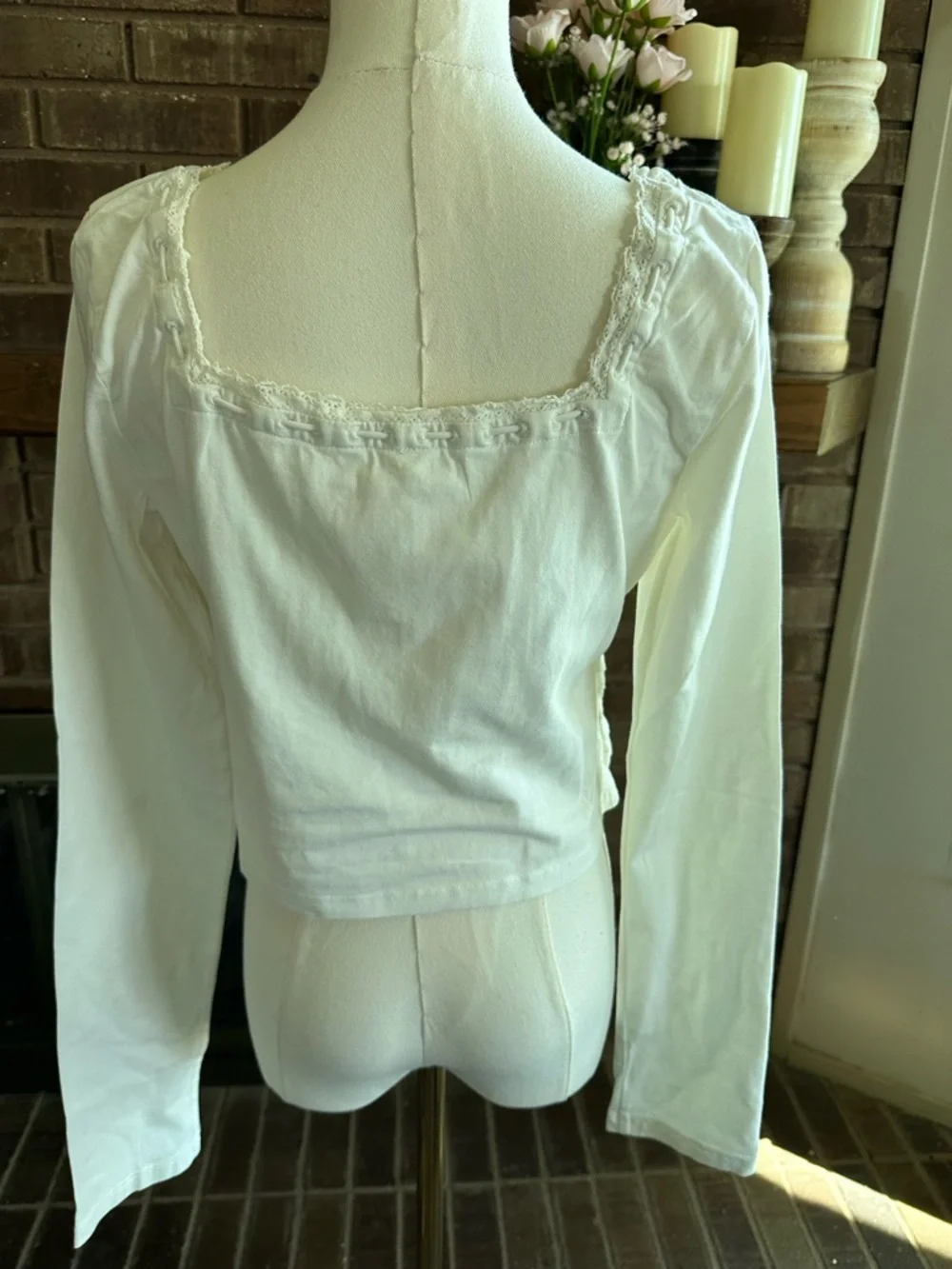 Free People Scarlet Smocked Long Sleeve Top Ivory Lace Crop L